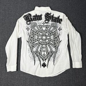 Y2K 2000s Raw State Affliction Button Up Shirt Men's XL White Embroidered Grunge